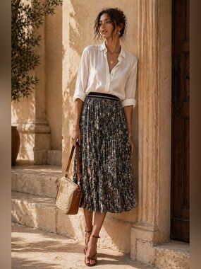 New H&M Floral Pleated Skirt Navy Gold Brown Small S